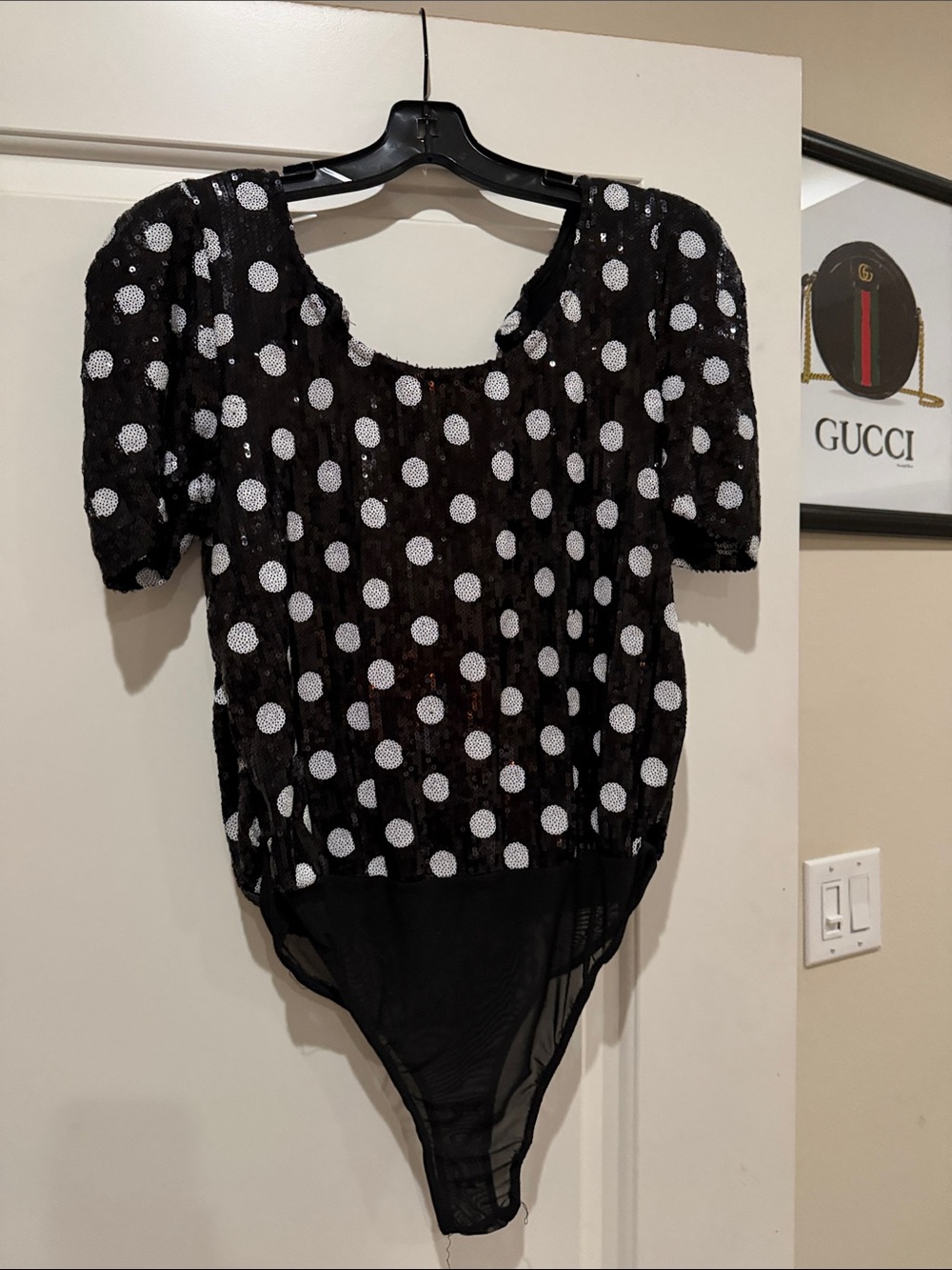 bebe Black Polka Dot Sequin Bodysuit